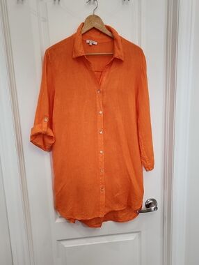 L 100% Linen Rosemarine Lightweight Orange Button-Up Tunic Shirt